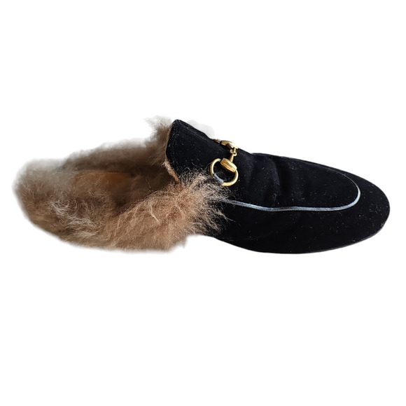 Gucci Princetown Velvet Fur-Lined Mule Black Size 6 - Picture 8 of 14